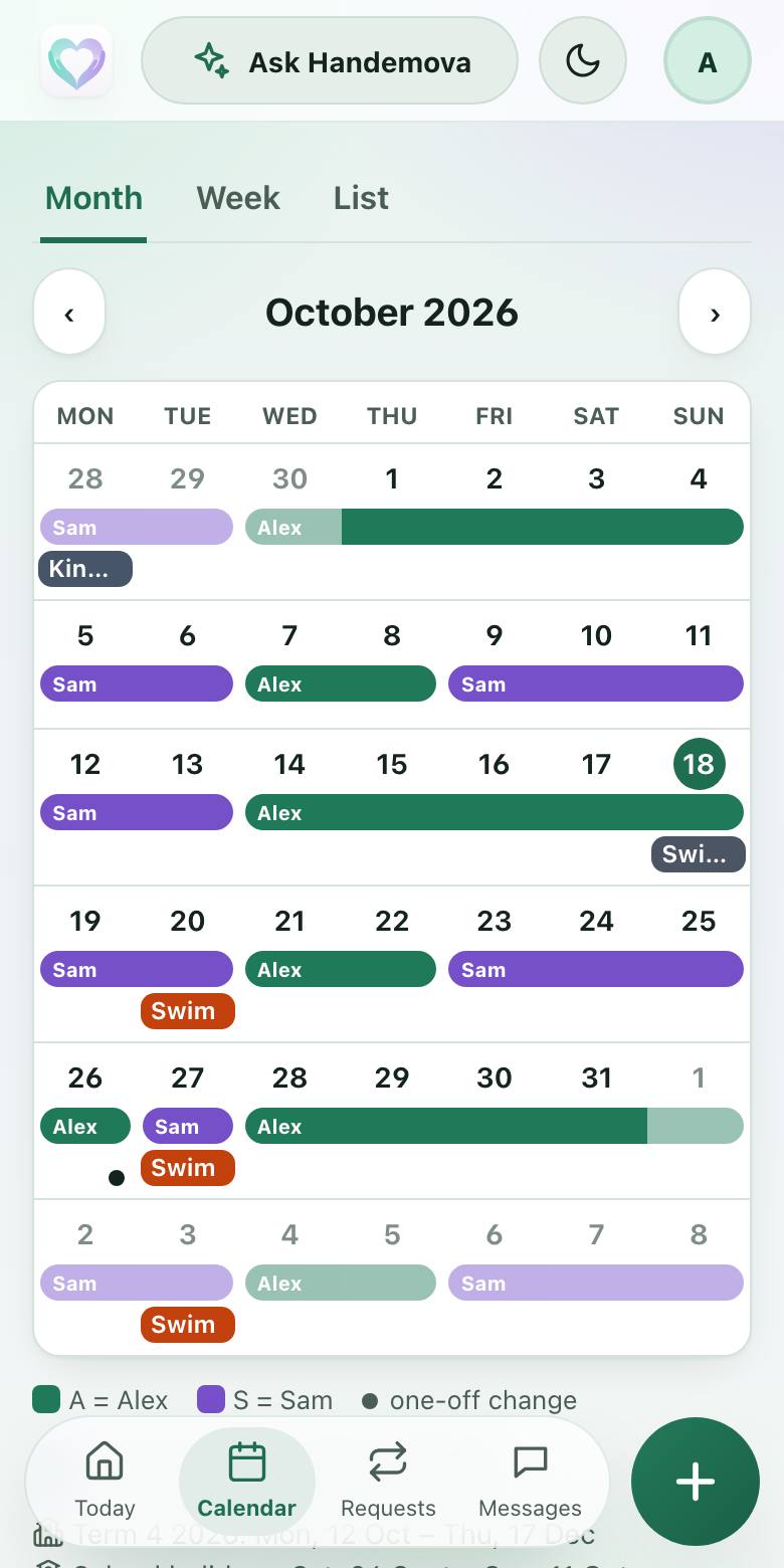 The month calendar, with each parent's nights in their own colour